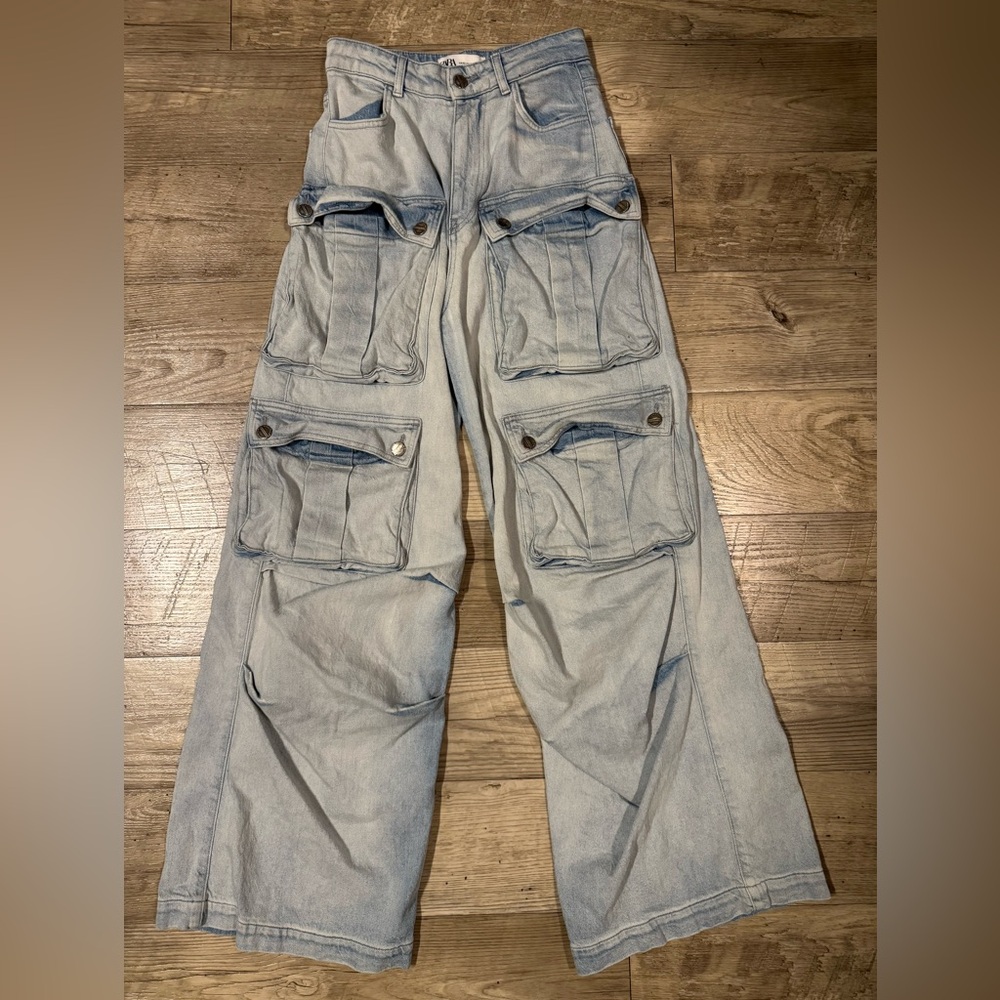 Zara Light Blue Relaxed Cargo Jeans with Multiple Patch Pockets